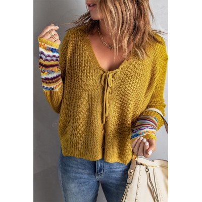Yellow Lace up V Neck Knit Sweater