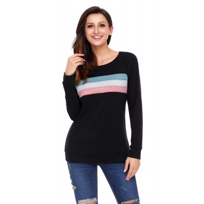 Black Contrast Stripes Pullover Sweatshirt