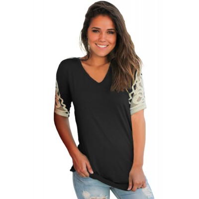 Black Ruched Top with Crochet Detail