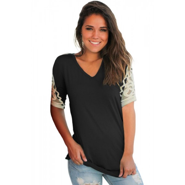 Black Ruched Top with Crochet Detail