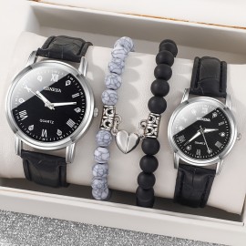 4pcs/Set Minimalist Casual Couple Watch Set PU Leather Strap Watch&2pcs Heart-Shaped Magnetic Suction Bracelet, Suitable For Daily Use or Gift Giving, Suitable For Wearing All Year Round