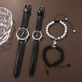 4pcs/Set Minimalist Casual Couple Watch Set PU Leather Strap Watch&2pcs Heart-Shaped Magnetic Suction Bracelet, Suitable For Daily Use or Gift Giving, Suitable For Wearing All Year Round