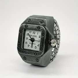 Quartz Ring Watch For Women Men Vintage Rectangle Pointer Arabic Numeral Dial Elastic Ring Watch