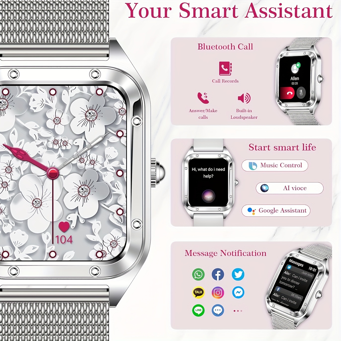 1 pc smart watch for women men wireless call answer make calls compatible with ios android phones 1 6 hd screen activity 100 sports watch with ai vioce mothers day gifts details 1