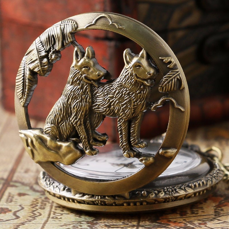 classic vintage pocket watch bronze dog wolf hollow quartz watch with necklace chain cool pendant clock gift for women men details 1