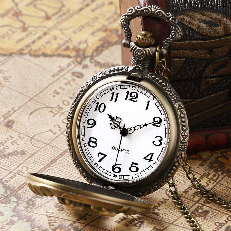classic vintage pocket watch bronze dog wolf hollow quartz watch with necklace chain cool pendant clock gift for women men details 2