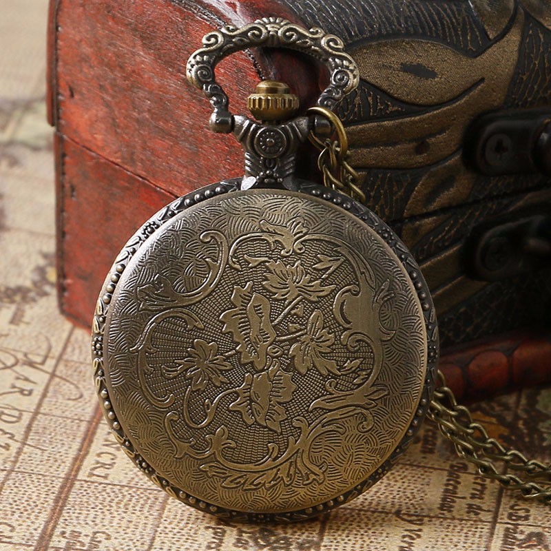 classic vintage pocket watch bronze dog wolf hollow quartz watch with necklace chain cool pendant clock gift for women men details 3