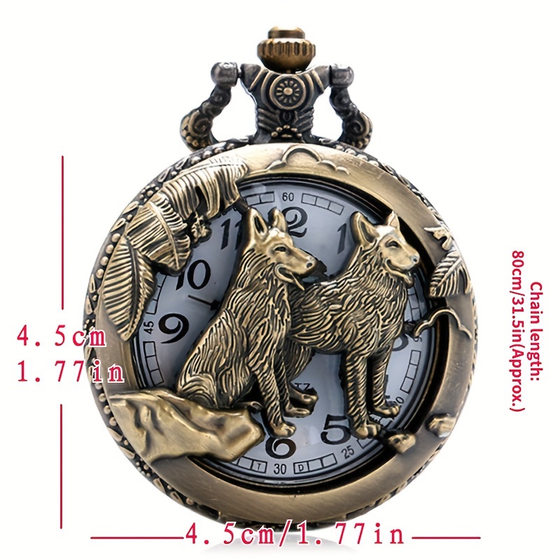 classic vintage pocket watch bronze dog wolf hollow quartz watch with necklace chain cool pendant clock gift for women men details 4