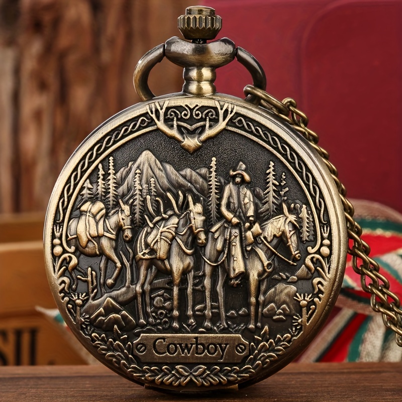 steampunk quartz pocket watch vintage western cowboy design pattern exquisite birthday for husband details 1