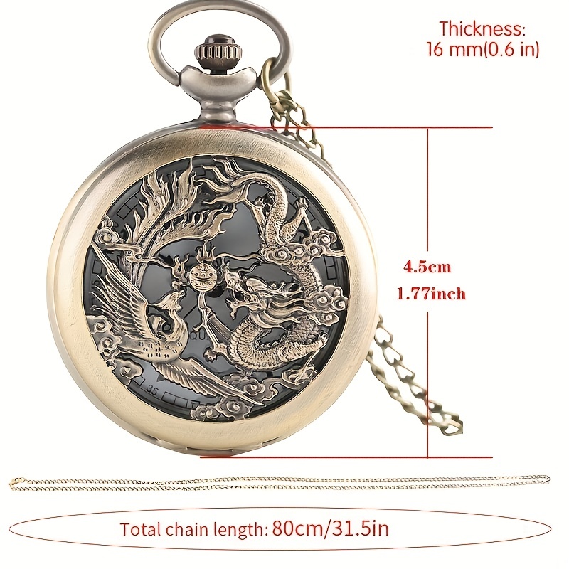 dragon quartz pocket watch vintage auspicious animal analog necklace chain watch for women men fathers day gift details 1