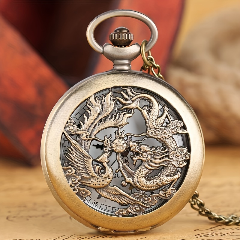 dragon quartz pocket watch vintage auspicious animal analog necklace chain watch for women men fathers day gift details 2