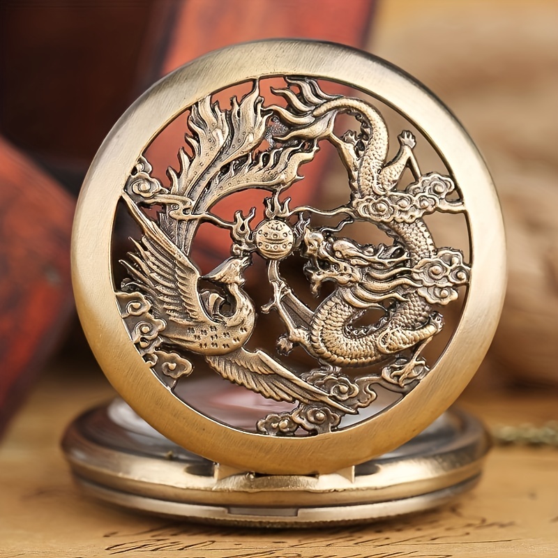 dragon quartz pocket watch vintage auspicious animal analog necklace chain watch for women men fathers day gift details 3