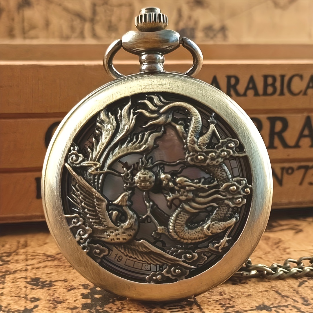 dragon quartz pocket watch vintage auspicious animal analog necklace chain watch for women men fathers day gift details 4