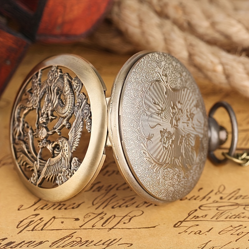 dragon quartz pocket watch vintage auspicious animal analog necklace chain watch for women men fathers day gift details 6