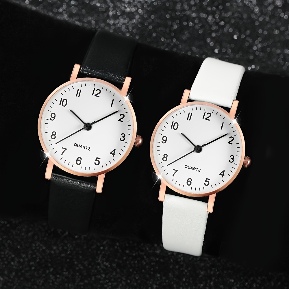 simple style couples watches set of 2 shock resistant quartz movement round analog display with pu leather band alloy case non rechargeable battery electronic drive quartz wristwatches for couples details 0