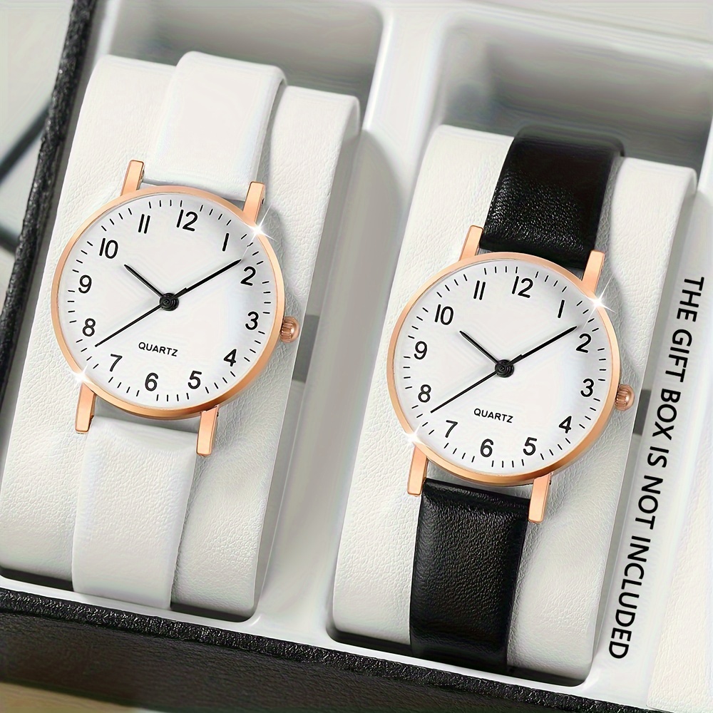 simple style couples watches set of 2 shock resistant quartz movement round analog display with pu leather band alloy case non rechargeable battery electronic drive quartz wristwatches for couples details 1