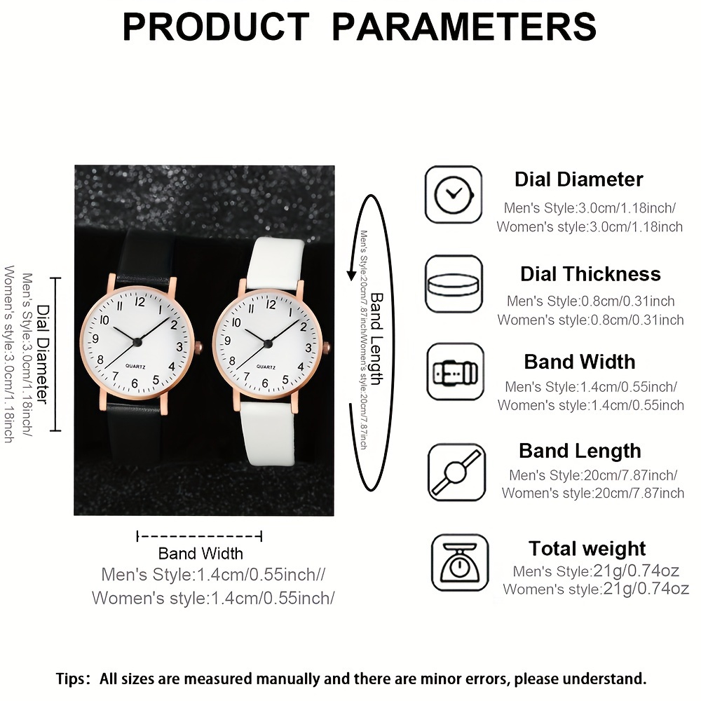 simple style couples watches set of 2 shock resistant quartz movement round analog display with pu leather band alloy case non rechargeable battery electronic drive quartz wristwatches for couples details 3
