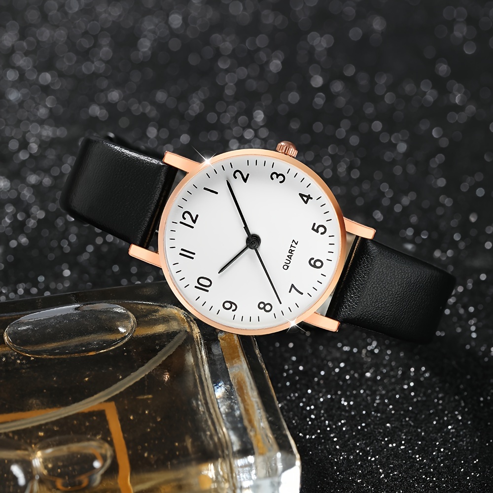 simple style couples watches set of 2 shock resistant quartz movement round analog display with pu leather band alloy case non rechargeable battery electronic drive quartz wristwatches for couples details 5