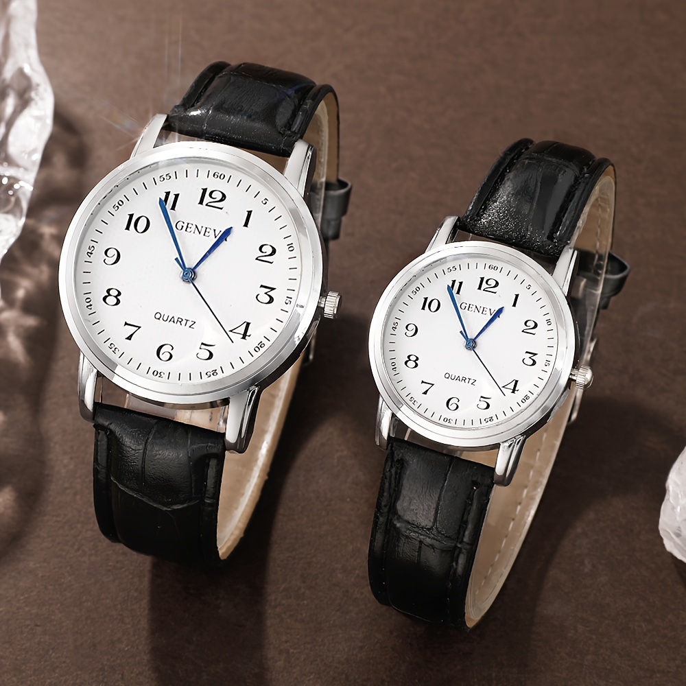 elegant couples quartz watch set 2pcs fashionable digital analog display with black pu leather straps perfect gift for her details 3
